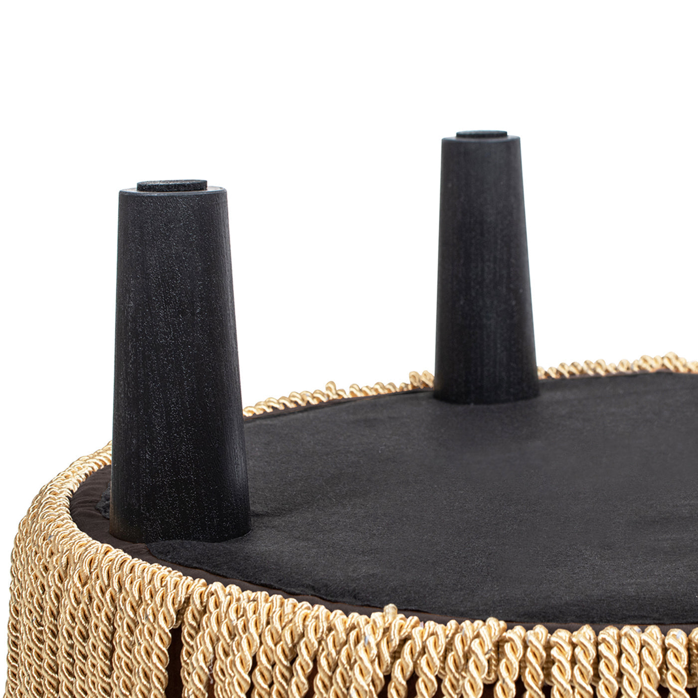 Yolanda 24in round ottoman in brown velvet with braided edge and black conical legs on Tampa Home & Garden Store