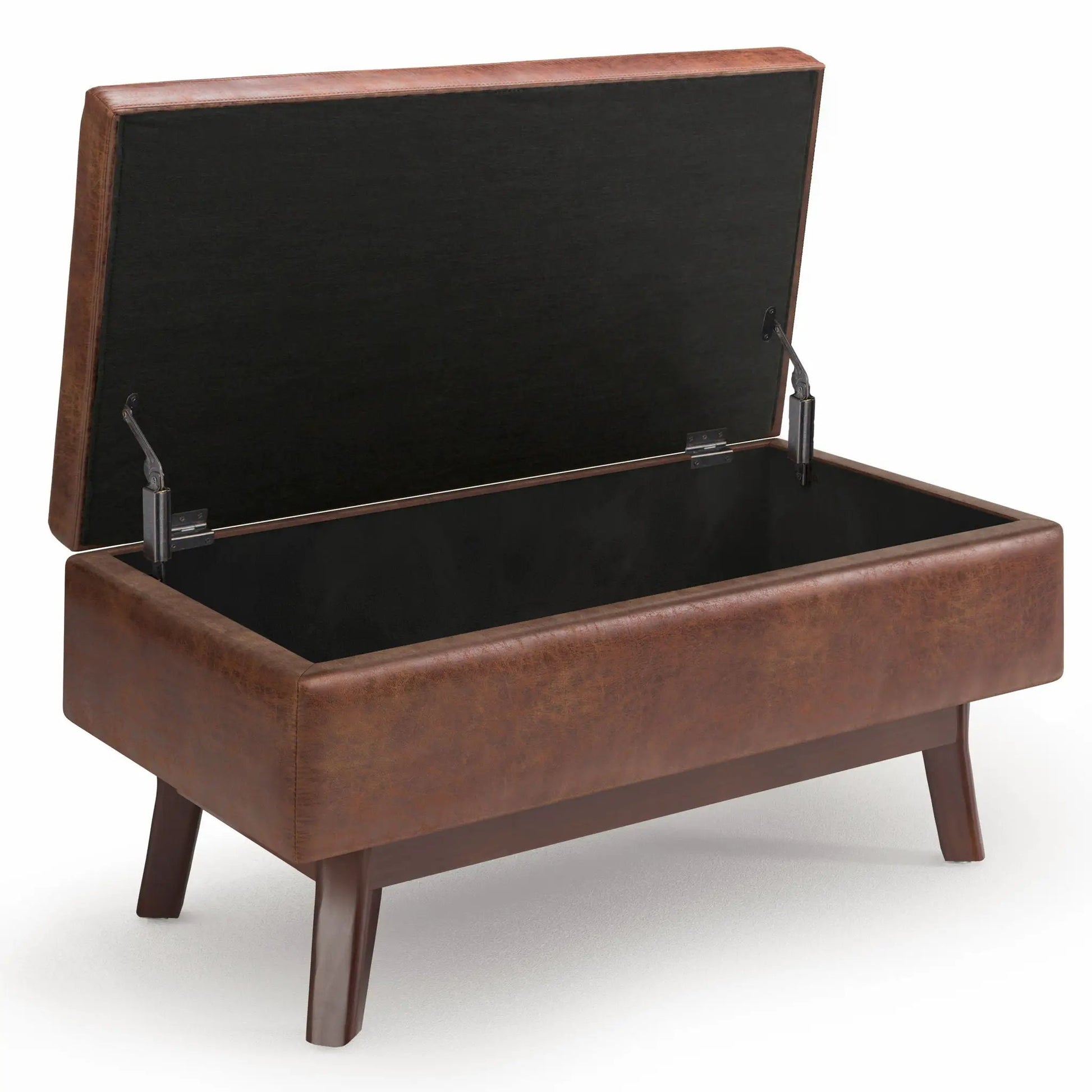Owen Upholstered Rectangular Storage Ottoman in brown faux leather with black interior on Tampa Home & Garden Store