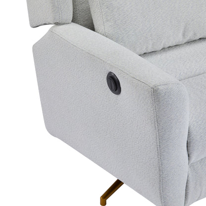 Power recliner chair, light gray upholstery, 360° swivel with black knob and gold base on Tampa Home & Garden Store