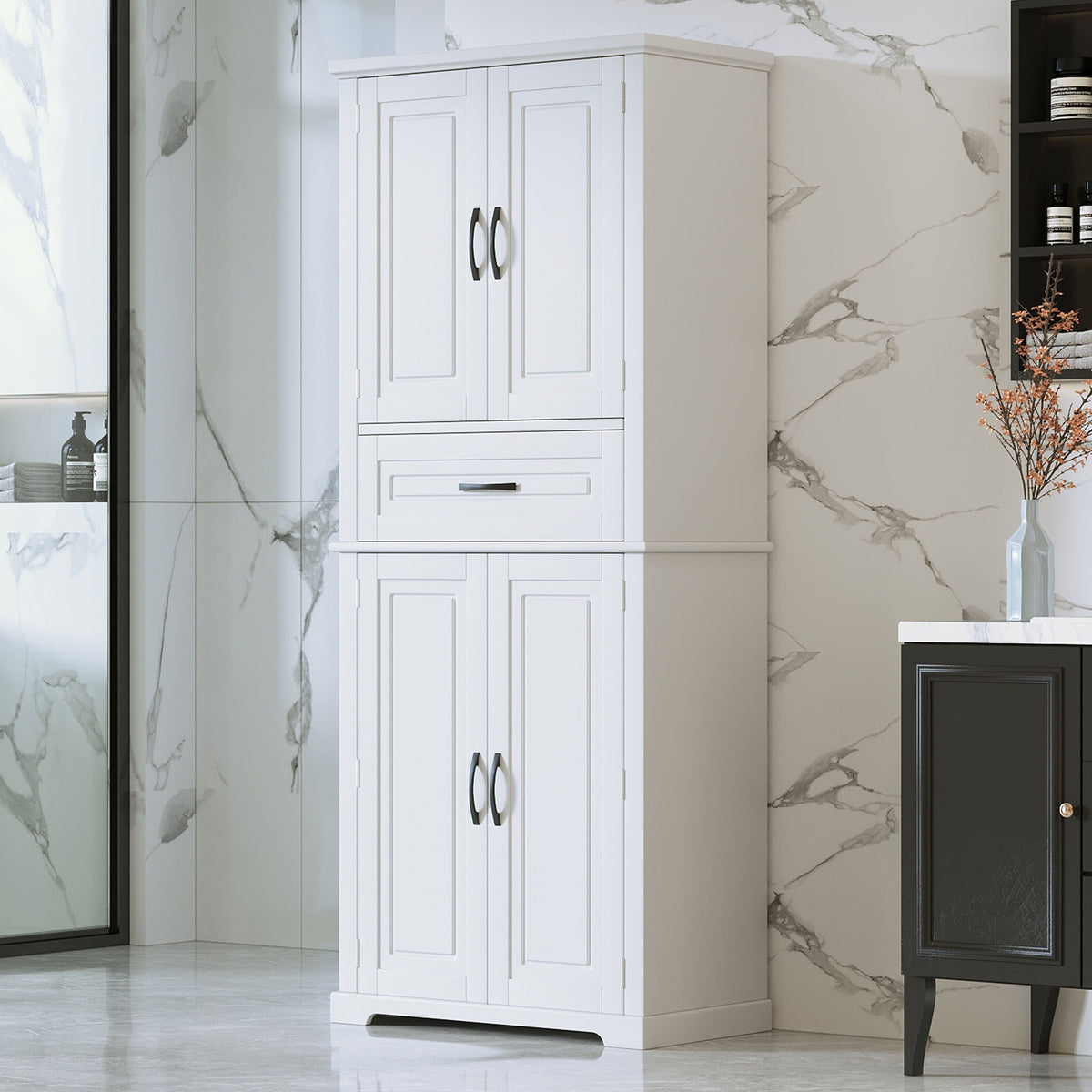White bathroom linen cabinet with dual panel doors and black handles, HouseOfZazla storage unit on Tampa Home & Garden Store