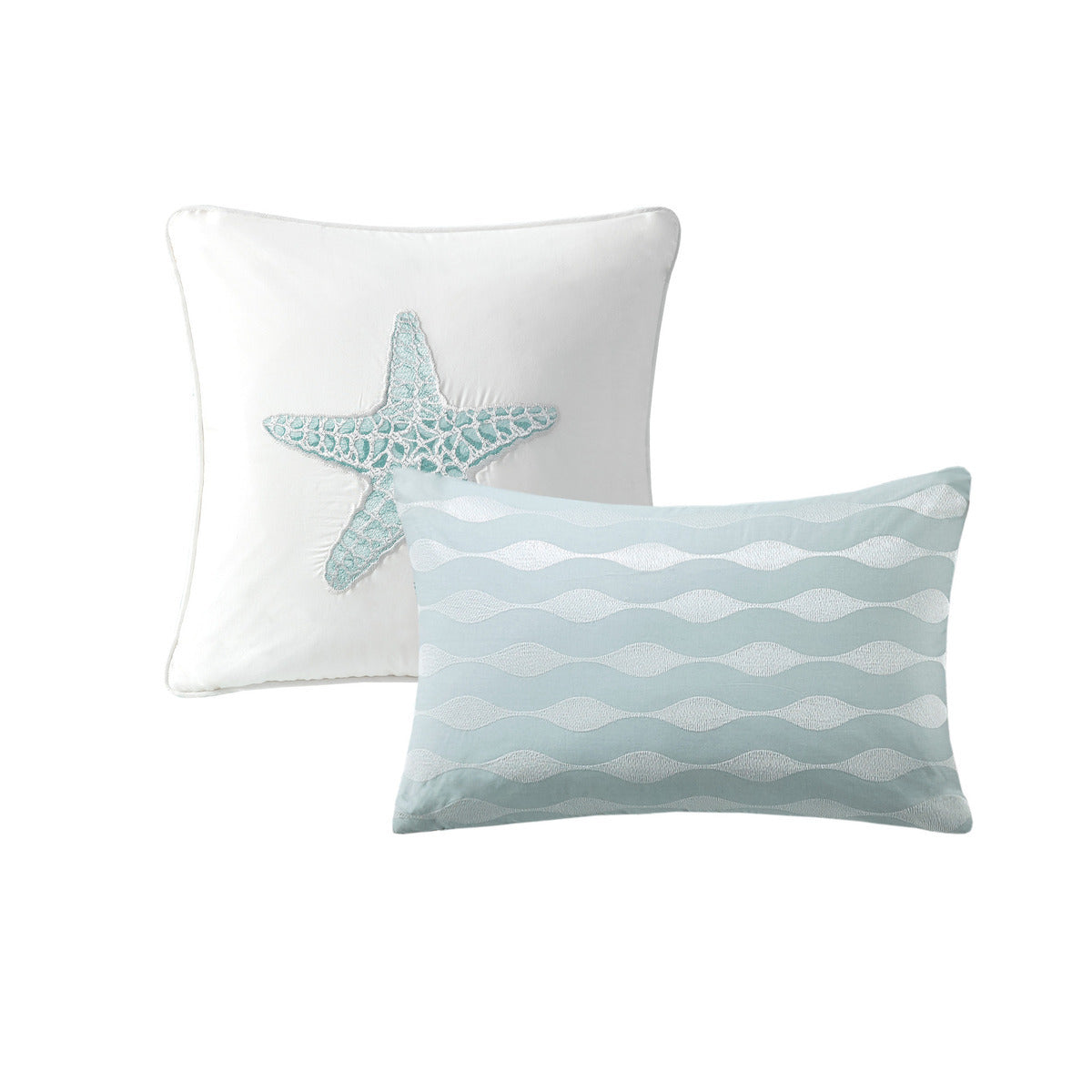 HouseOfZazla 2-piece coastal pillow set white starfish applique and blue wave-pattern cushion on Tampa Home & Garden Store