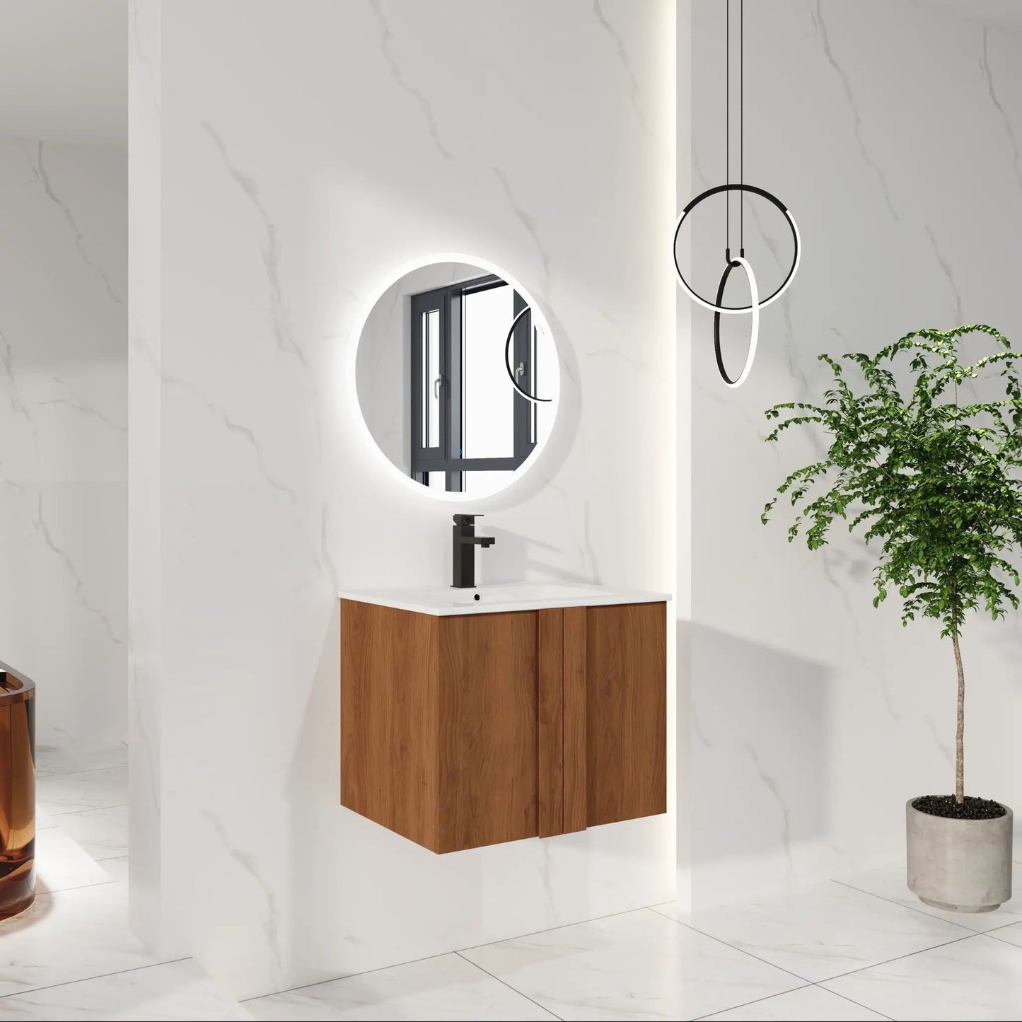 Floating bathroom vanity with sink in walnut, white countertop, black faucet, LED round mirror on Tampa Home & Garden Store