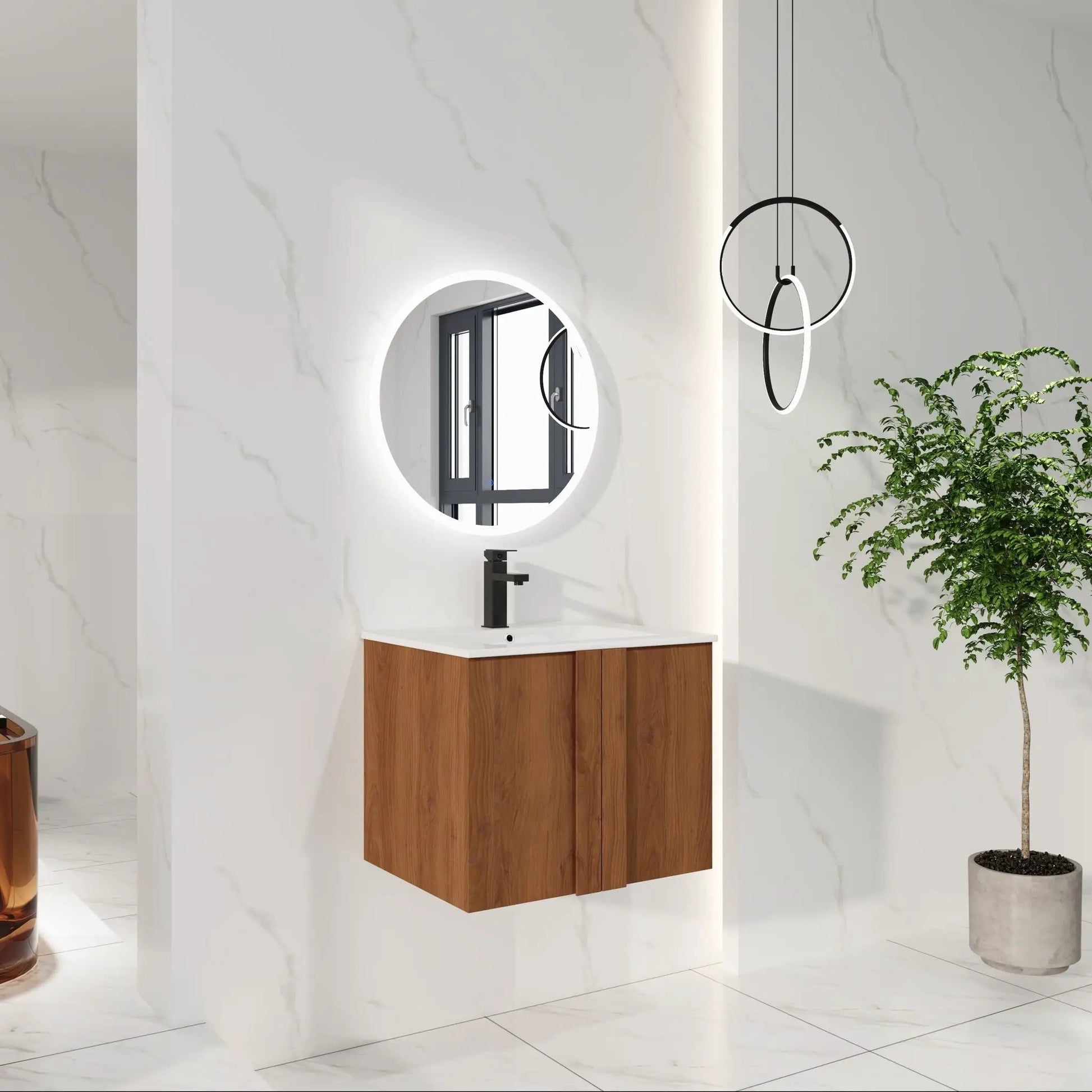 Floating bathroom vanity with sink in walnut, white countertop, black faucet, LED round mirror on Tampa Home & Garden Store