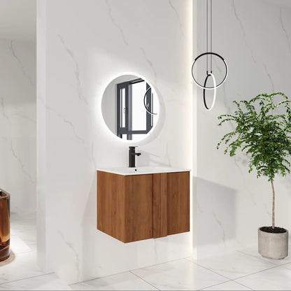 Floating bathroom vanity with sink in walnut, white countertop, black faucet, LED round mirror on Tampa Home & Garden Store