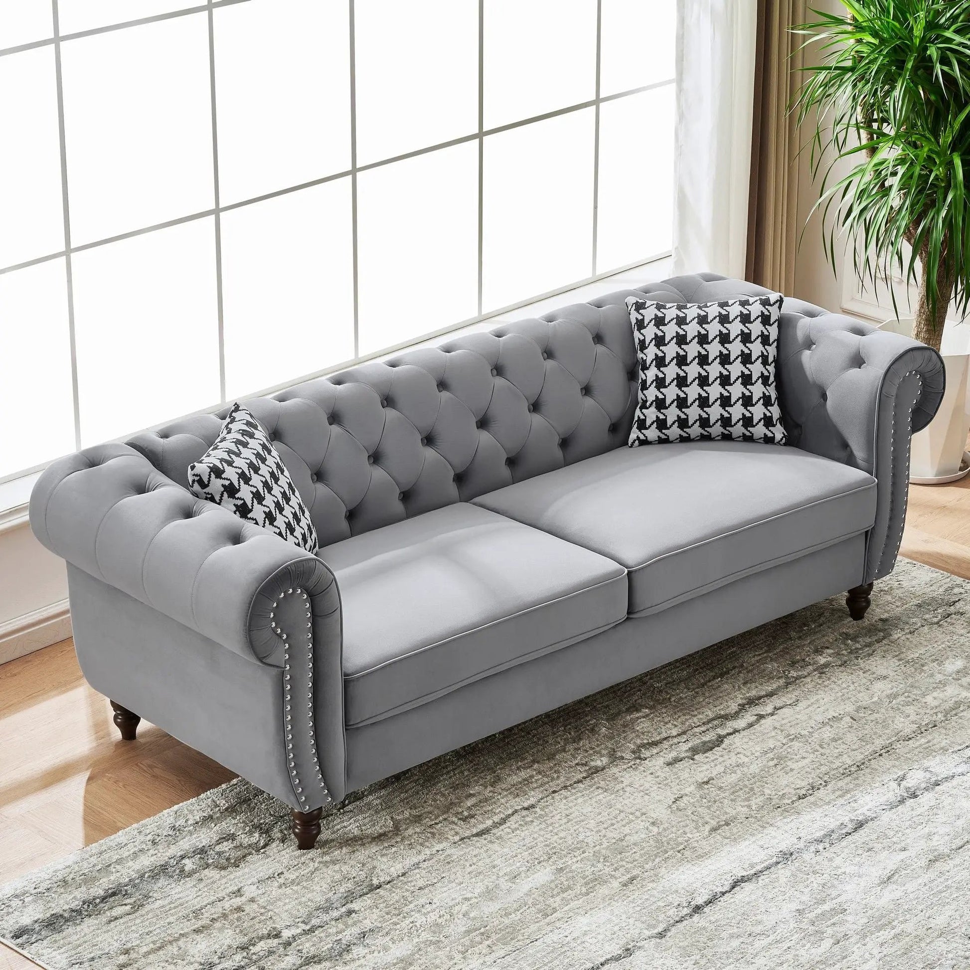 Chesterfield Upholstery Fabric Sofa with roll arms & nailhead, gray tufted stationary sofa on Tampa Home & Garden Store