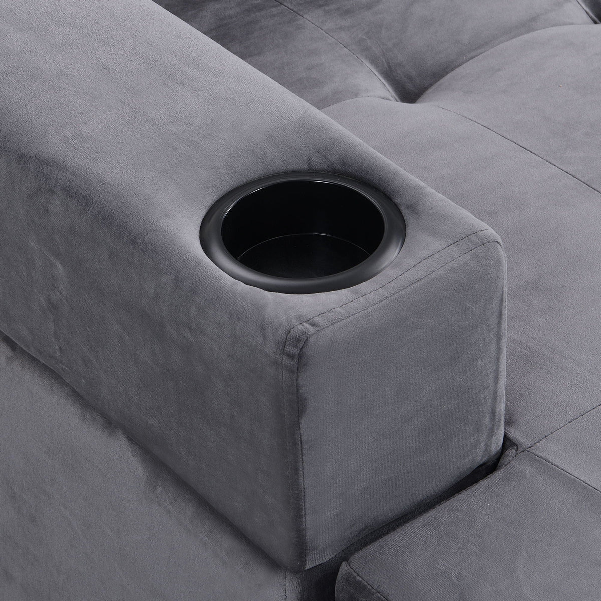 Grey microfiber sectional sofa with built-in cup holder console on Tampa Home & Garden Store