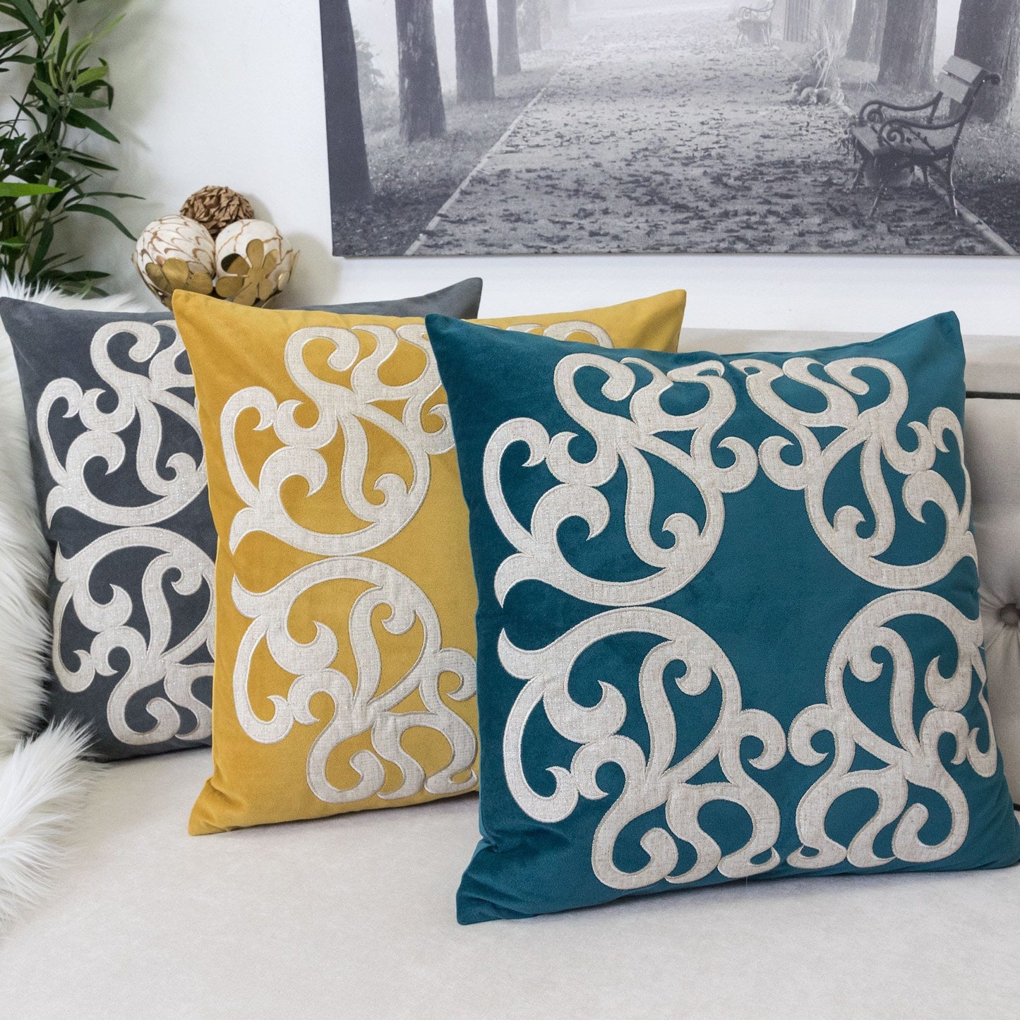 Dora Pillow Cover with Matching Back navy mustard teal scroll pattern Unique Piece Furniture on Tampa Home & Garden Store