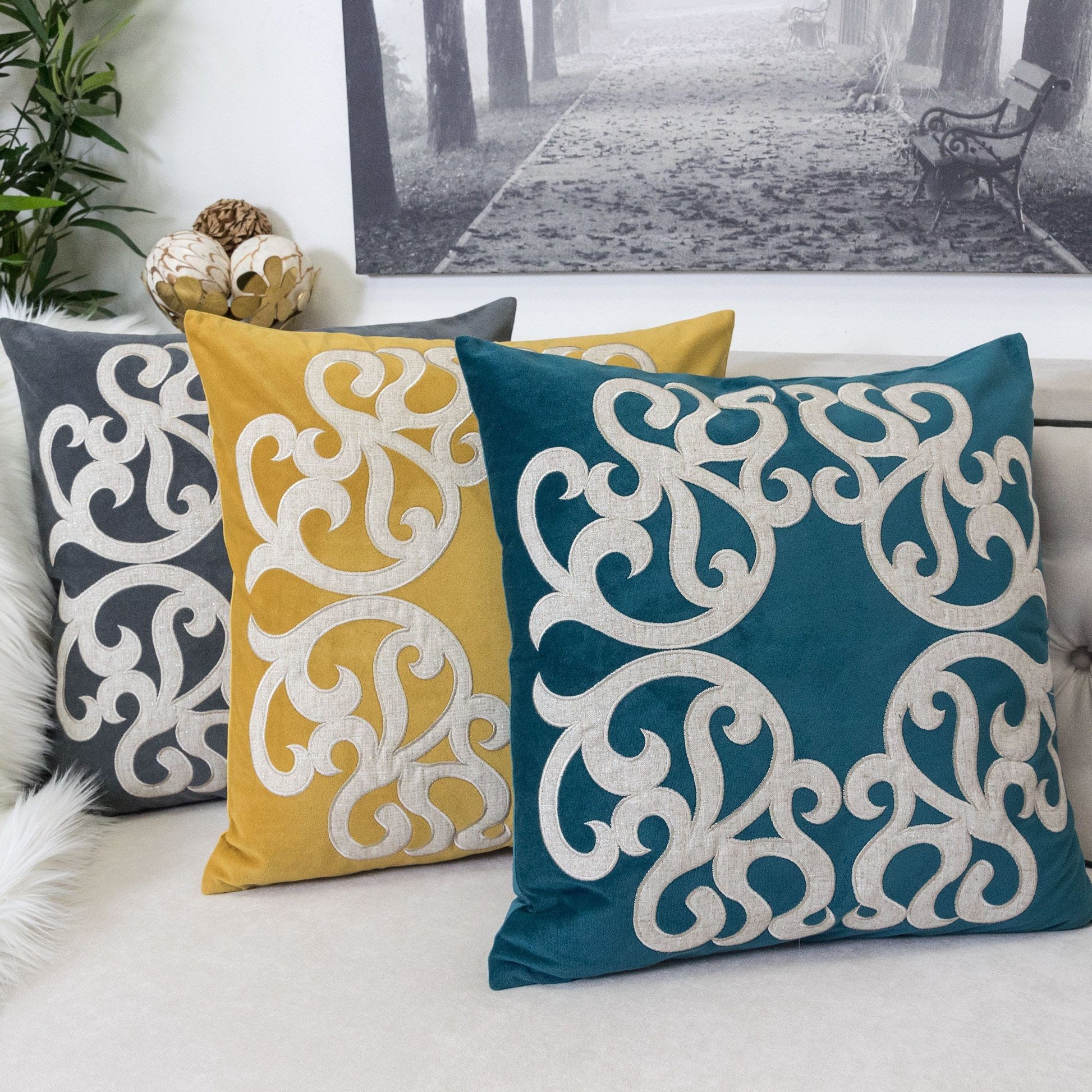 Dora Pillow Cover with Matching Back navy mustard teal scroll pattern Unique Piece Furniture on Tampa Home & Garden Store
