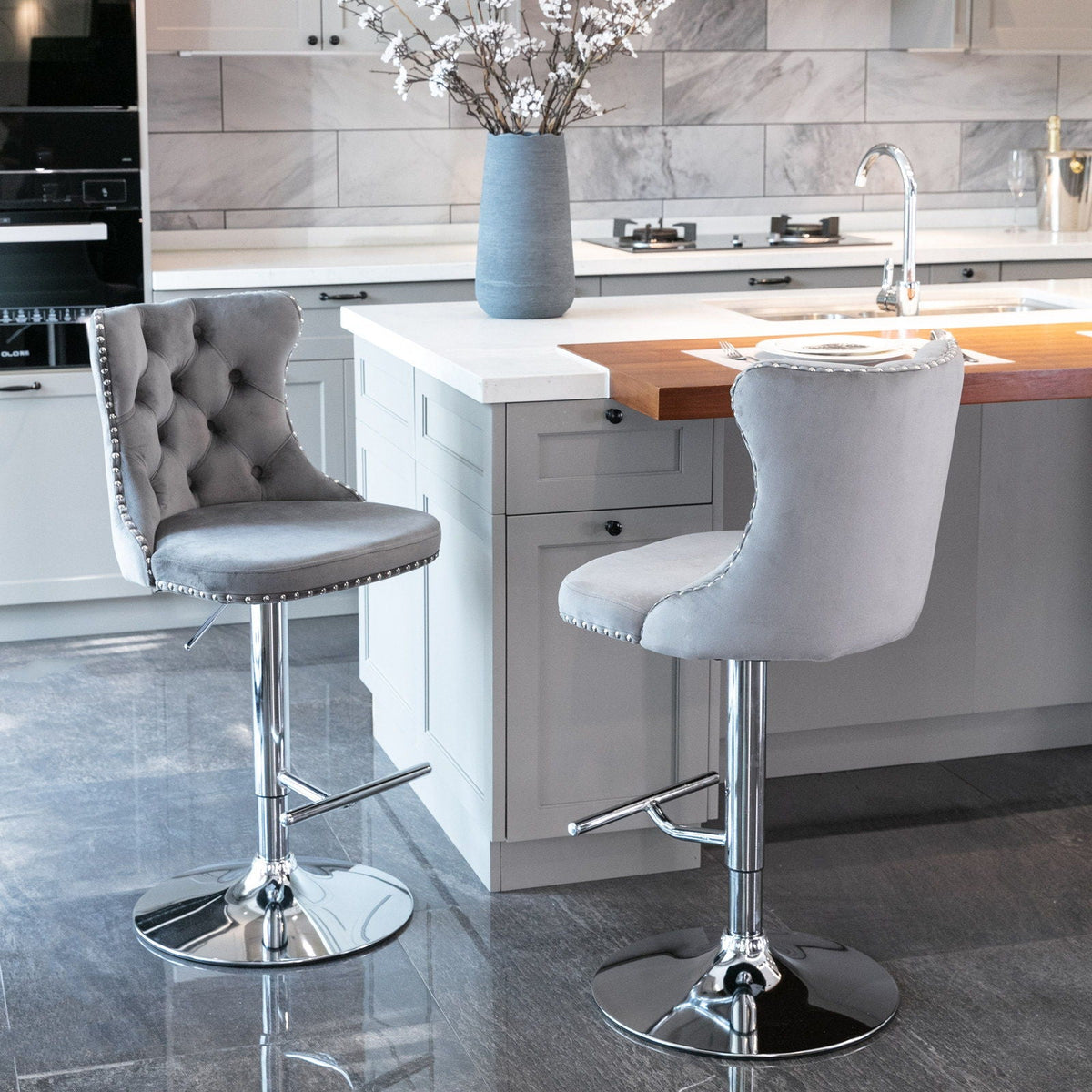 Swivel height-adjustable barstools, 2-pack, gray velvet with chrome bases on Tampa Home & Garden Store
