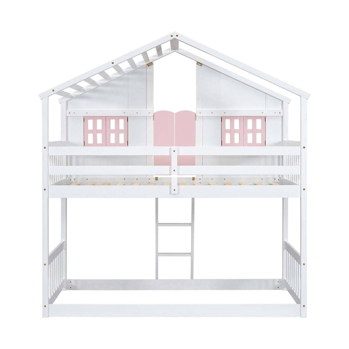 House bunk bed with roof and window box, pink shutters, white wood frame and ladder on Tampa Home & Garden Store