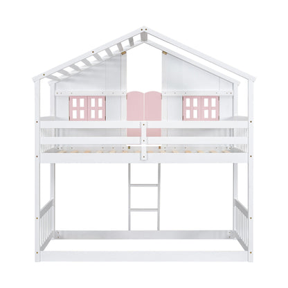House bunk bed with roof and window box, pink shutters, white wood frame and ladder on Tampa Home & Garden Store