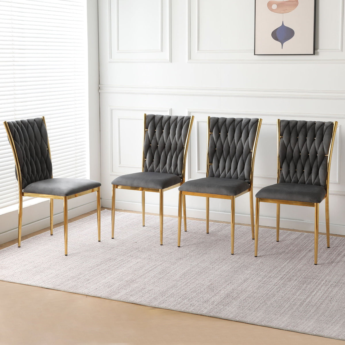 Modern Dining Chair Set with plated metal legs in gold, tufted gray upholstery, 4 chairs on Tampa Home & Garden Store