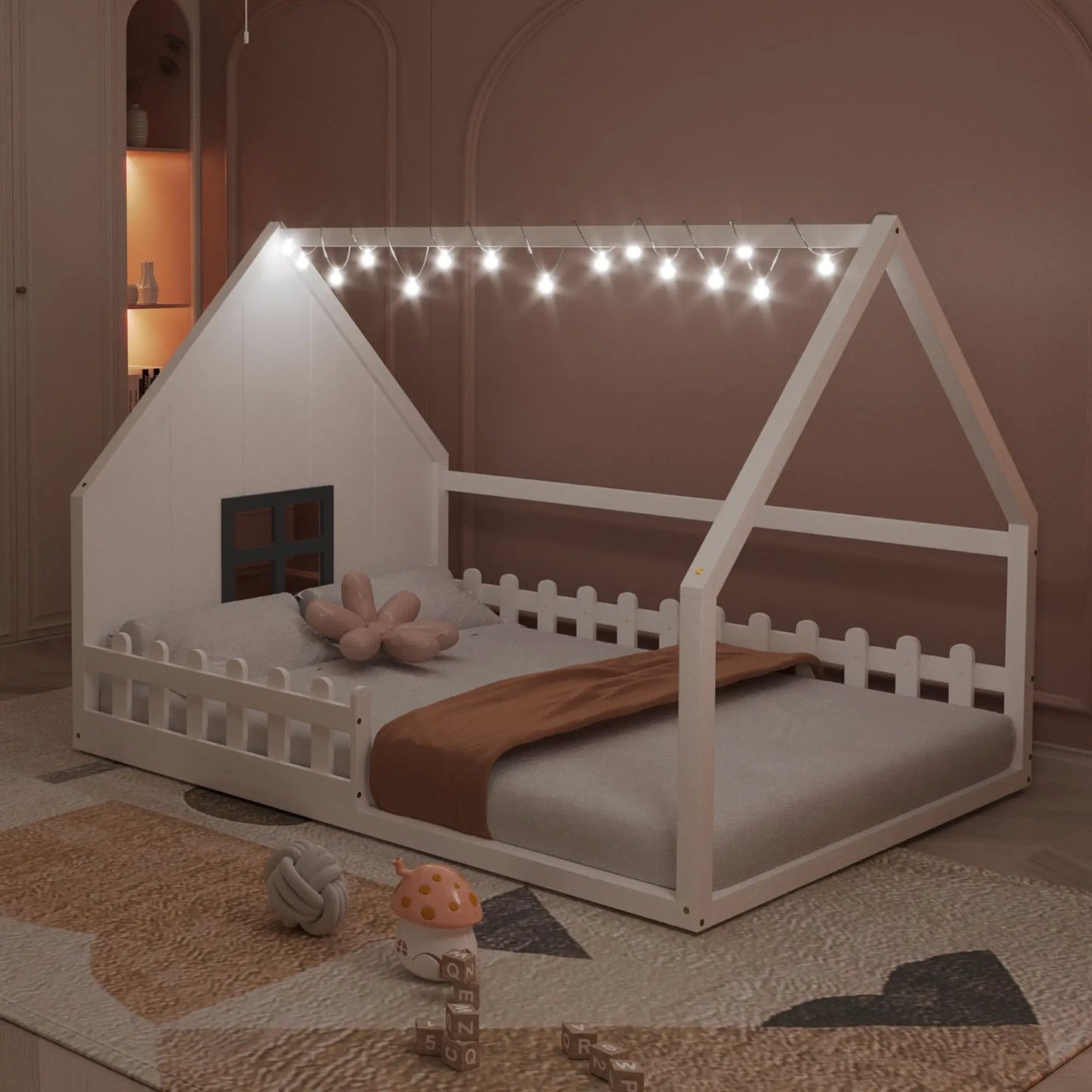 White house bed with window and picket fence, string lights by Unique Piece Furniture on Tampa Home & Garden Store