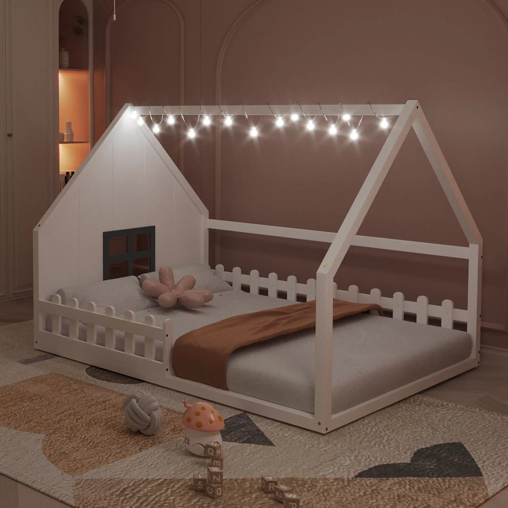 White house bed with window and picket fence, string lights by Unique Piece Furniture on Tampa Home & Garden Store
