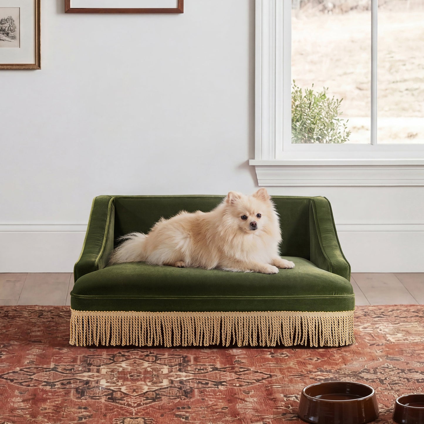 Duchess 33' medium princess pet bed sofa olive green velvet fringe skirt HouseOfZazla on Tampa Home & Garden Store