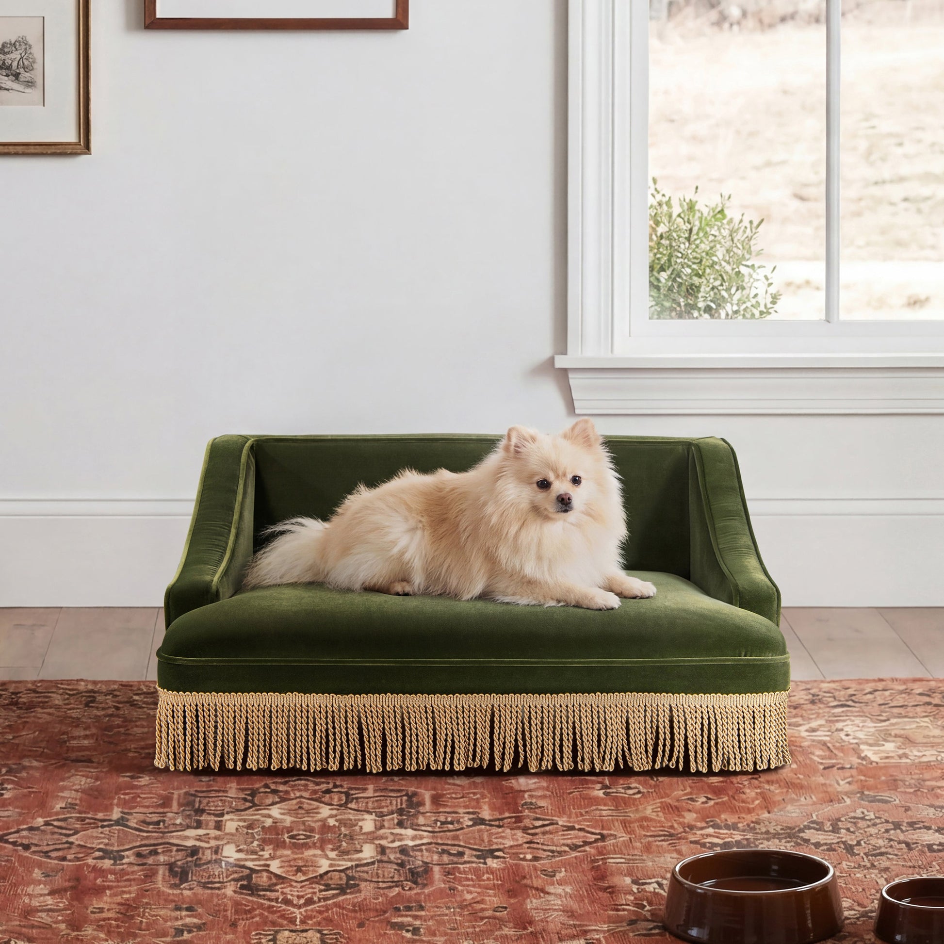 Duchess 33' medium princess pet bed sofa olive green velvet fringe skirt HouseOfZazla on Tampa Home & Garden Store