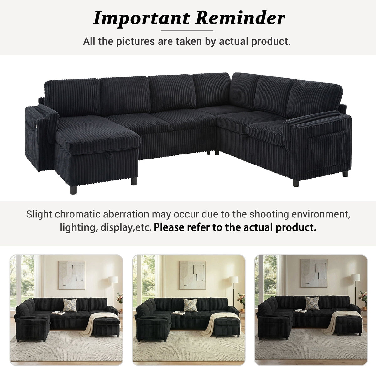 HouseOfZazla convertible U-shaped sectional sofa bed in dark charcoal corduroy with USB ports on Tampa Home & Garden Store