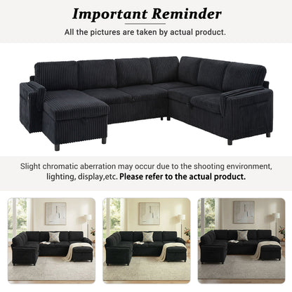 HouseOfZazla convertible U-shaped sectional sofa bed in dark charcoal corduroy with USB ports on Tampa Home & Garden Store