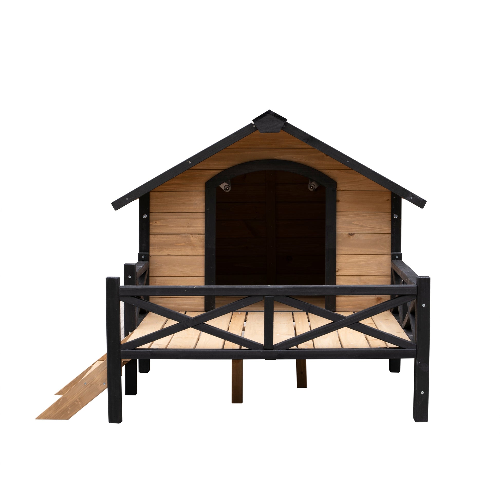 Outdoor wooden cabin style dog kennel with porch and ramp, natural wood and black trim on Tampa Home & Garden Store