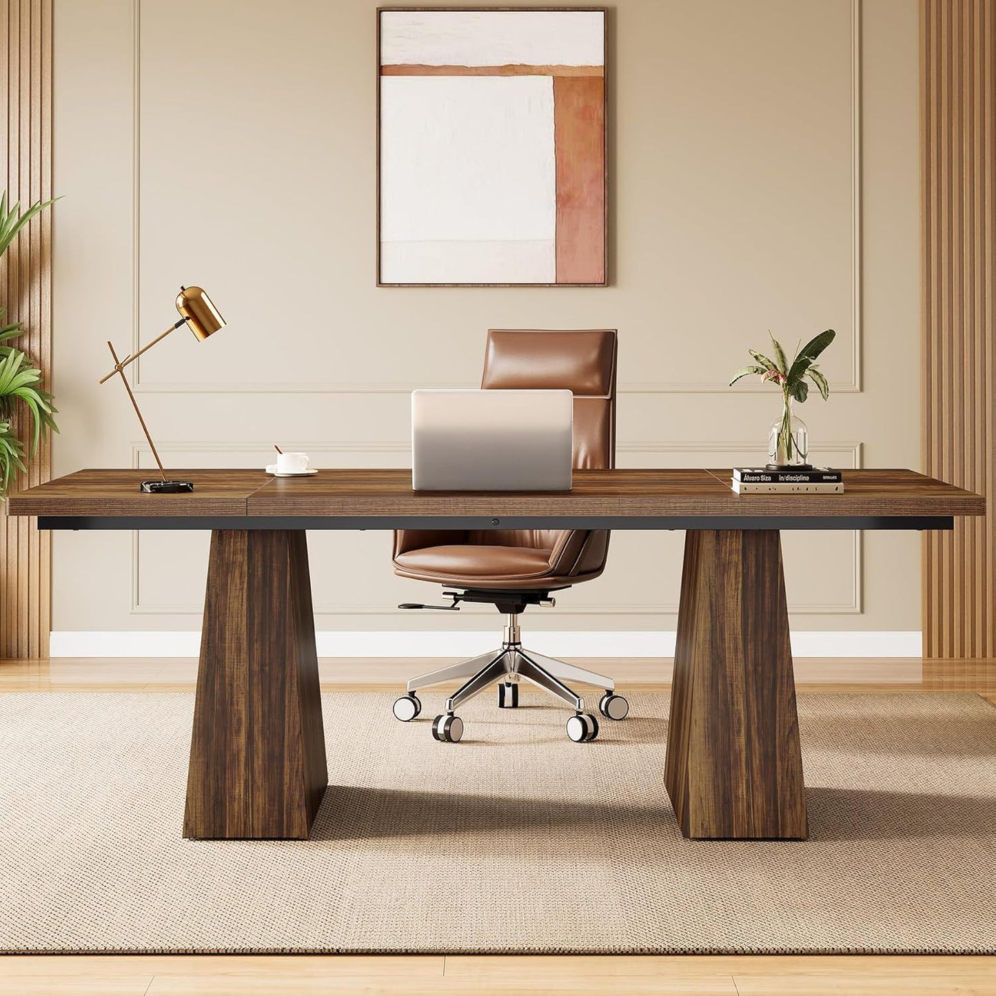 Executive Desk Workstation with double trapezoid base in walnut wood by HouseOfZazla on Tampa Home & Garden Store