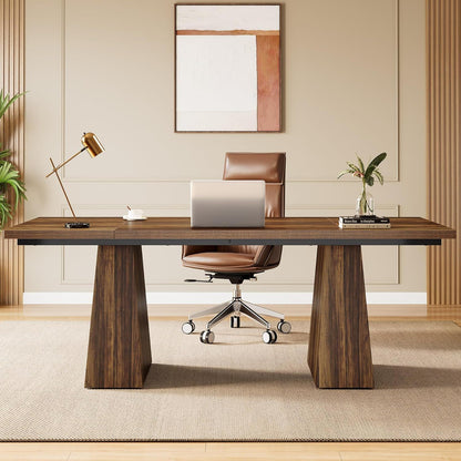 Executive Desk Workstation with double trapezoid base in walnut wood by HouseOfZazla on Tampa Home & Garden Store