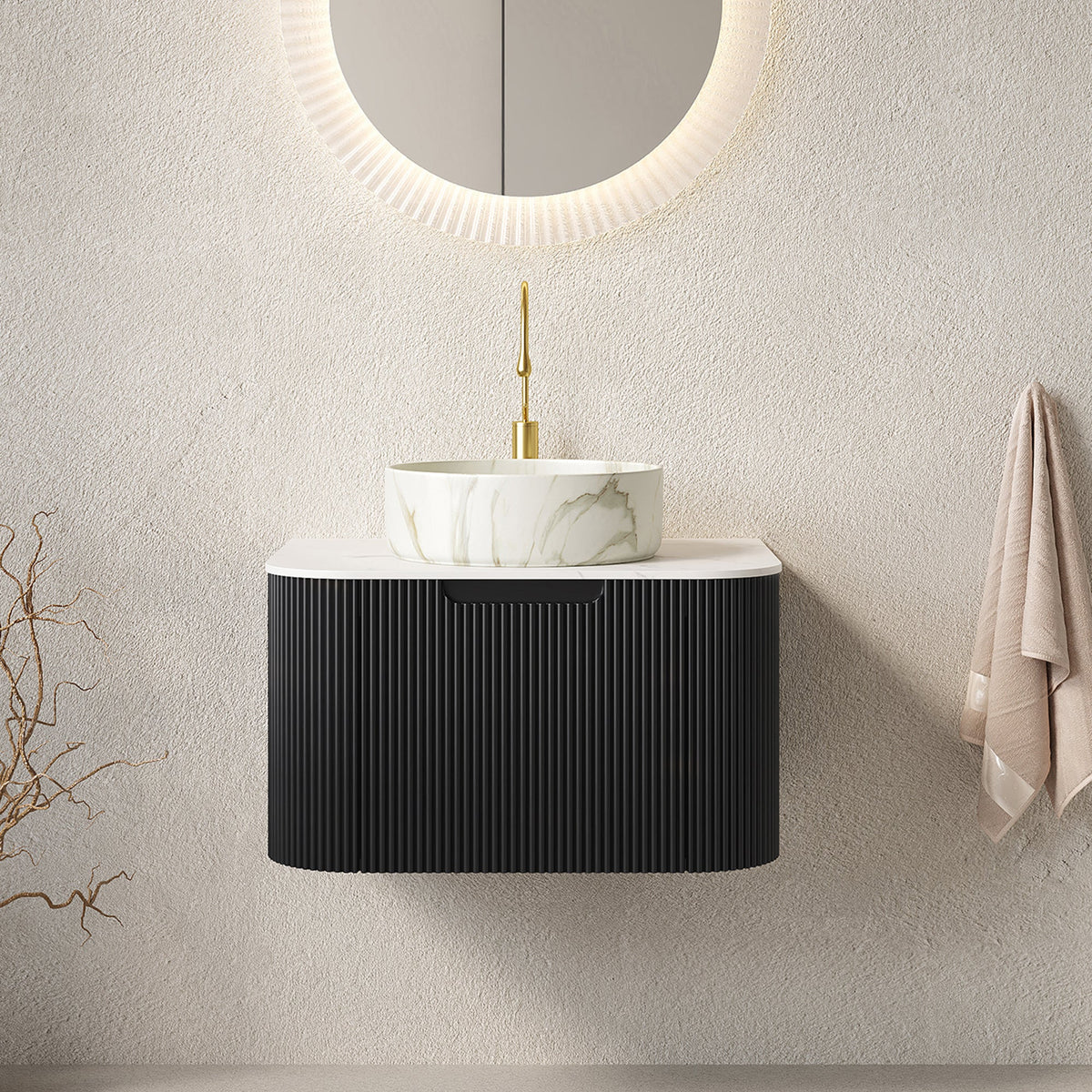 Dina 24in floating vanity and sink with marble vessel top and black ribbed cabinet faucet on Tampa Home & Garden Store