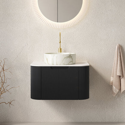 Dina 24in floating vanity and sink with marble vessel top and black ribbed cabinet faucet on Tampa Home & Garden Store