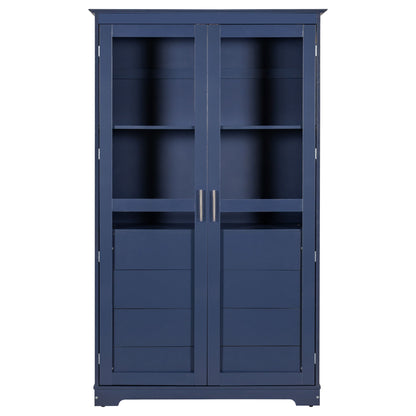 Blue Pine Cabinet With Glass Doors And Drawers