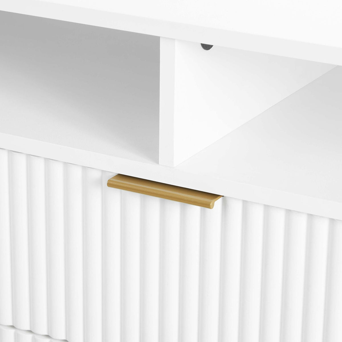 Fluted TV stand with storage and metal legs, white finish with gold-tone handle on Tampa Home & Garden Store