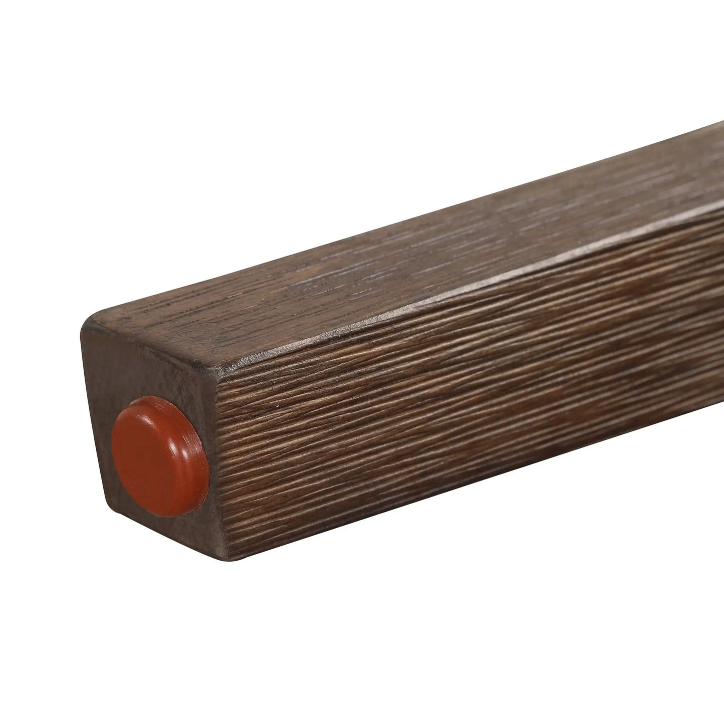 Wooden armrest from mid-century chair featuring dark wood grain and orange end cap on Tampa Home & Garden Store
