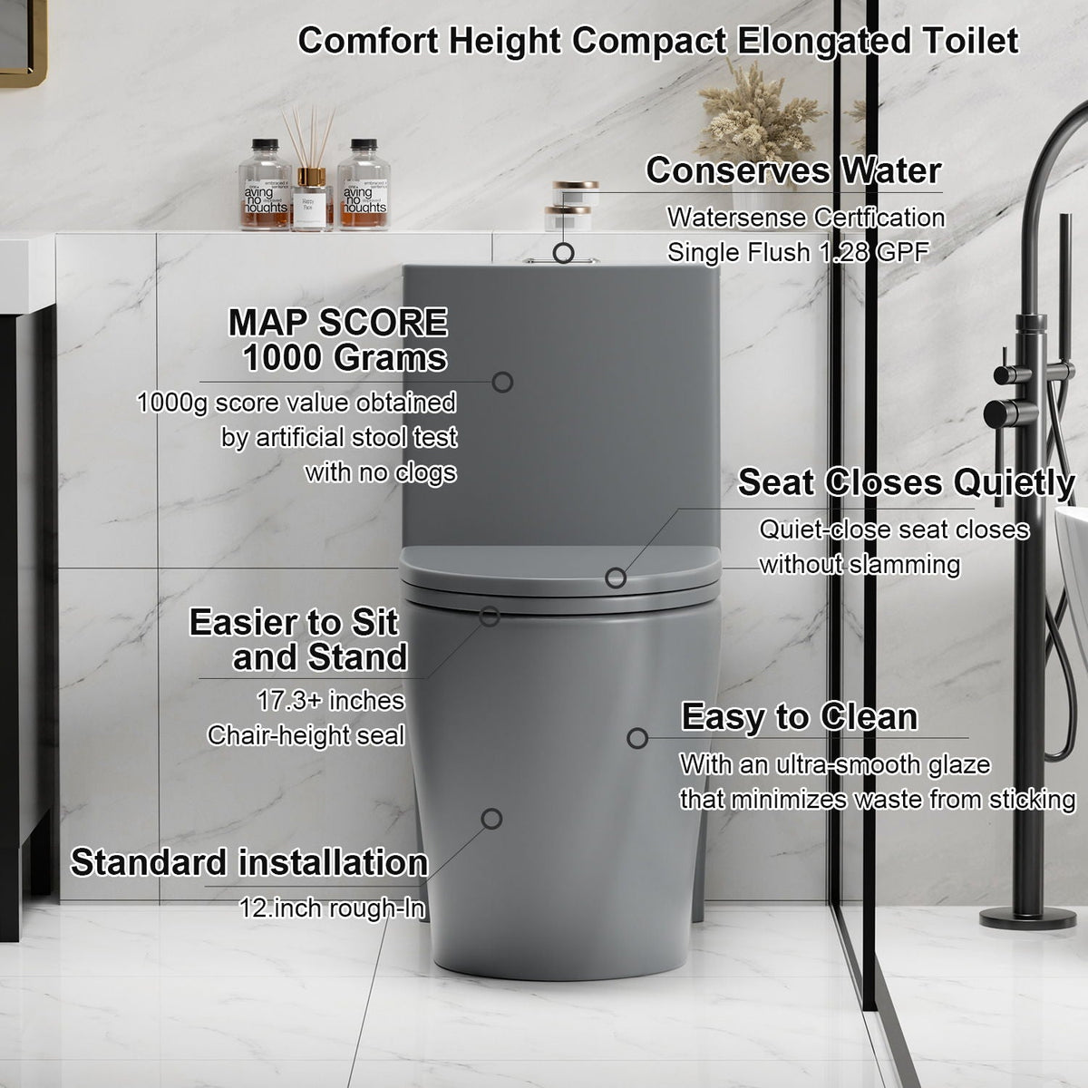 1-piece gray toilet by HouseOfZazla with Tornado Flush and dual flush, ADA chair-height on Tampa Home & Garden Store