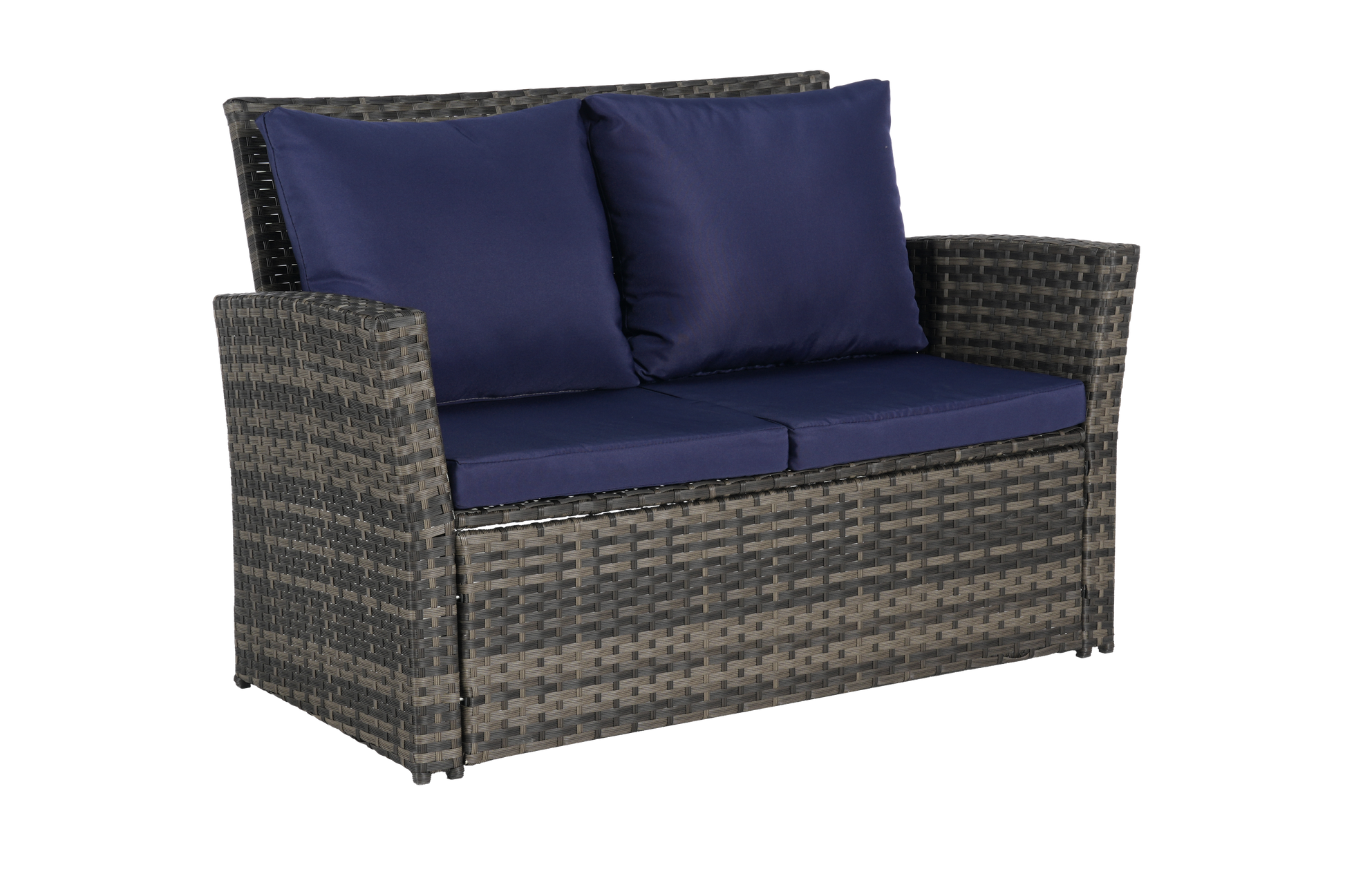 4-piece outdoor patio furniture set with rattan seating and navy cushions on Tampa Home & Garden Store