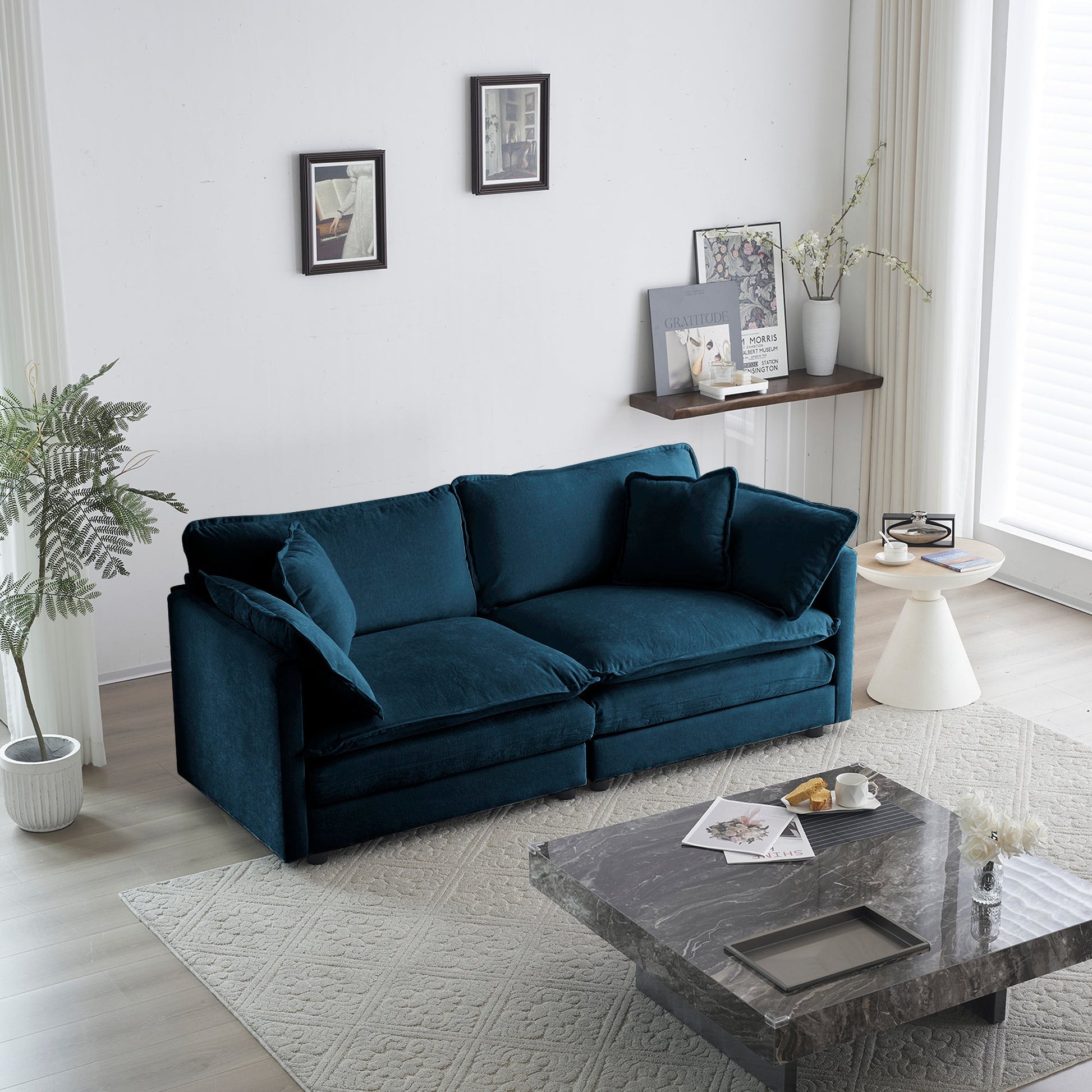 Modern fabric loveseat sofa in deep blue velvet upholstery, 2-seat on Tampa Home & Garden Store