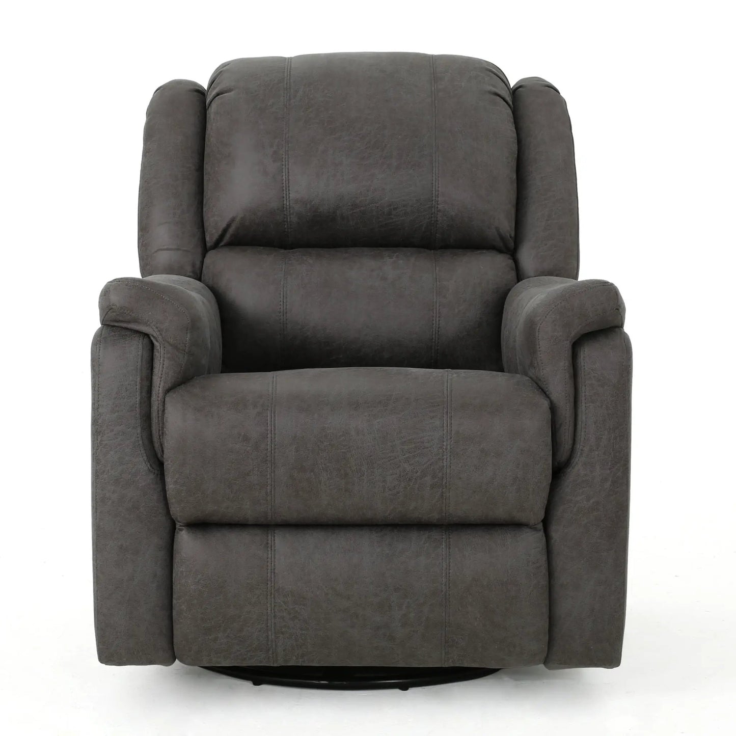 Contemporary glider recliner with swivel in dark gray upholstery, cushioned back and arms on Tampa Home & Garden Store