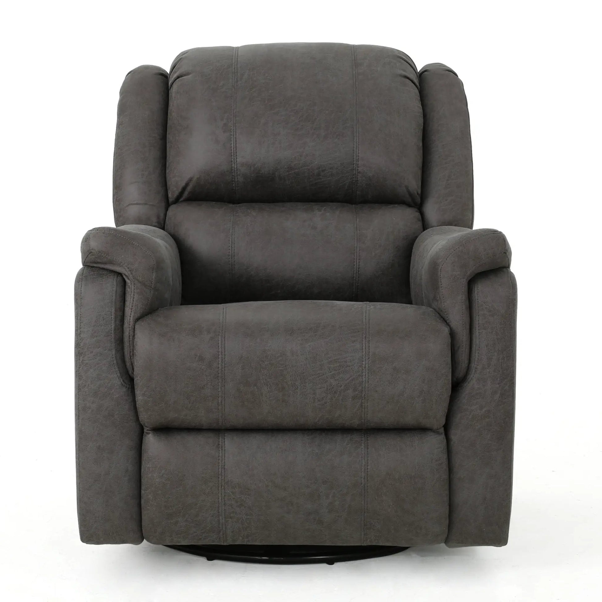 Contemporary glider recliner with swivel in dark gray upholstery, cushioned back and arms on Tampa Home & Garden Store