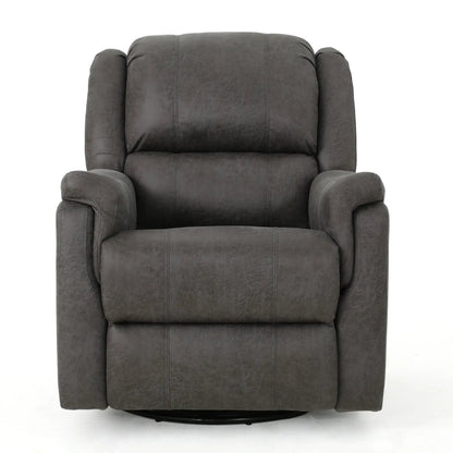 Contemporary glider recliner with swivel in dark gray upholstery, cushioned back and arms on Tampa Home & Garden Store