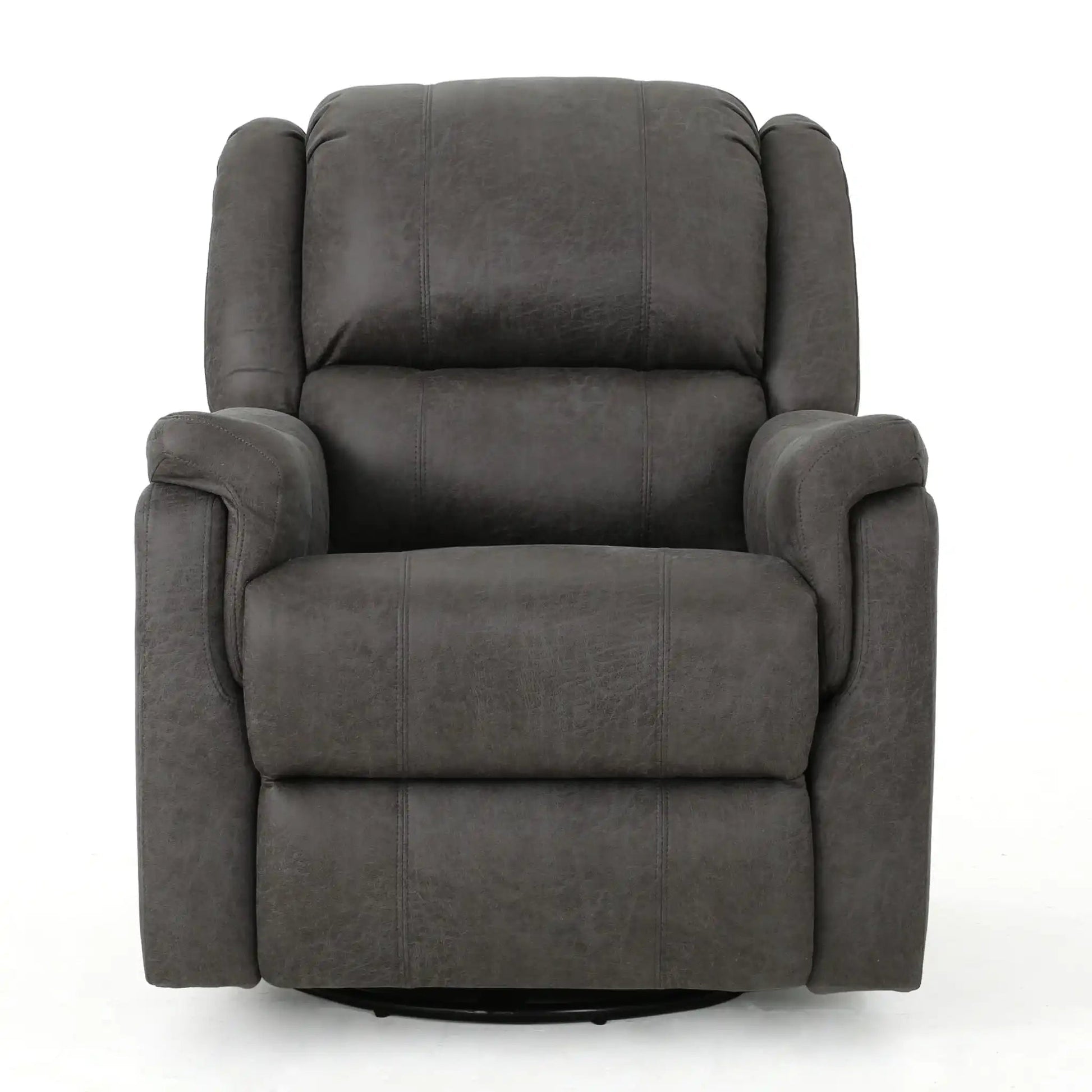 Contemporary glider recliner with swivel, dark gray upholstery, padded arms, circular base on Tampa Home & Garden Store