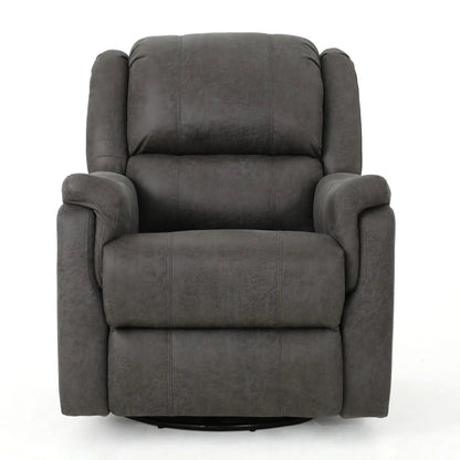 Contemporary glider recliner with swivel, dark gray upholstery, padded arms, circular base on Tampa Home & Garden Store