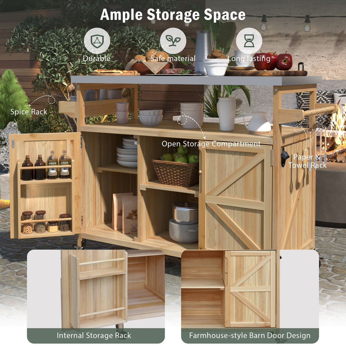 K&K Outdoor Kitchen Island rolling bar cart natural wood with grey countertop and open storage on Tampa Home & Garden Store