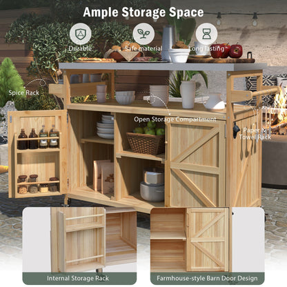 K&K Outdoor Kitchen Island rolling bar cart natural wood with grey countertop and open storage on Tampa Home & Garden Store
