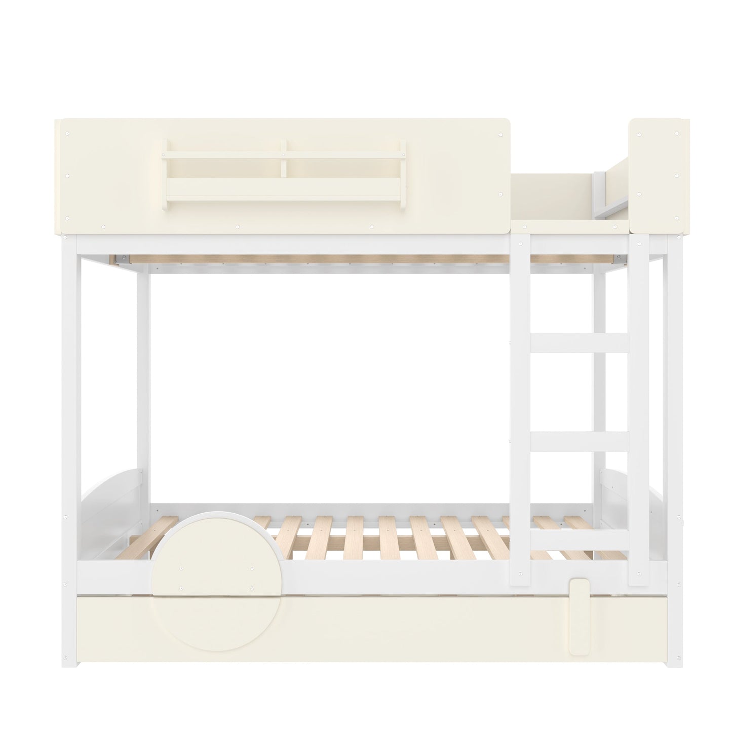 Full Bunk Bed with Trundle and Pine Bookshelf