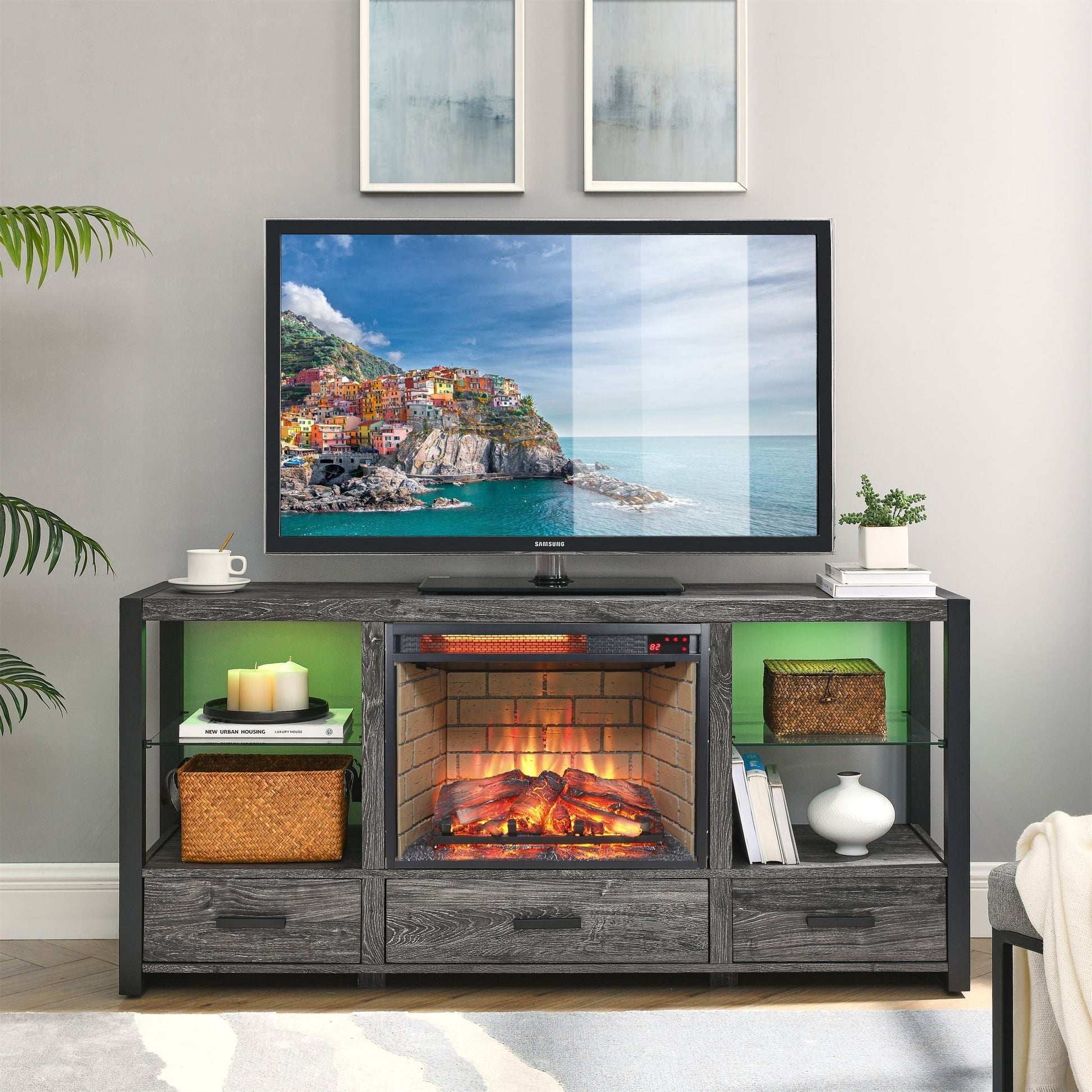 Infrared Quartz Heater Fireplace Insert Woodlog Version Brick fireplace with glowing logs on Tampa Home & Garden Store
