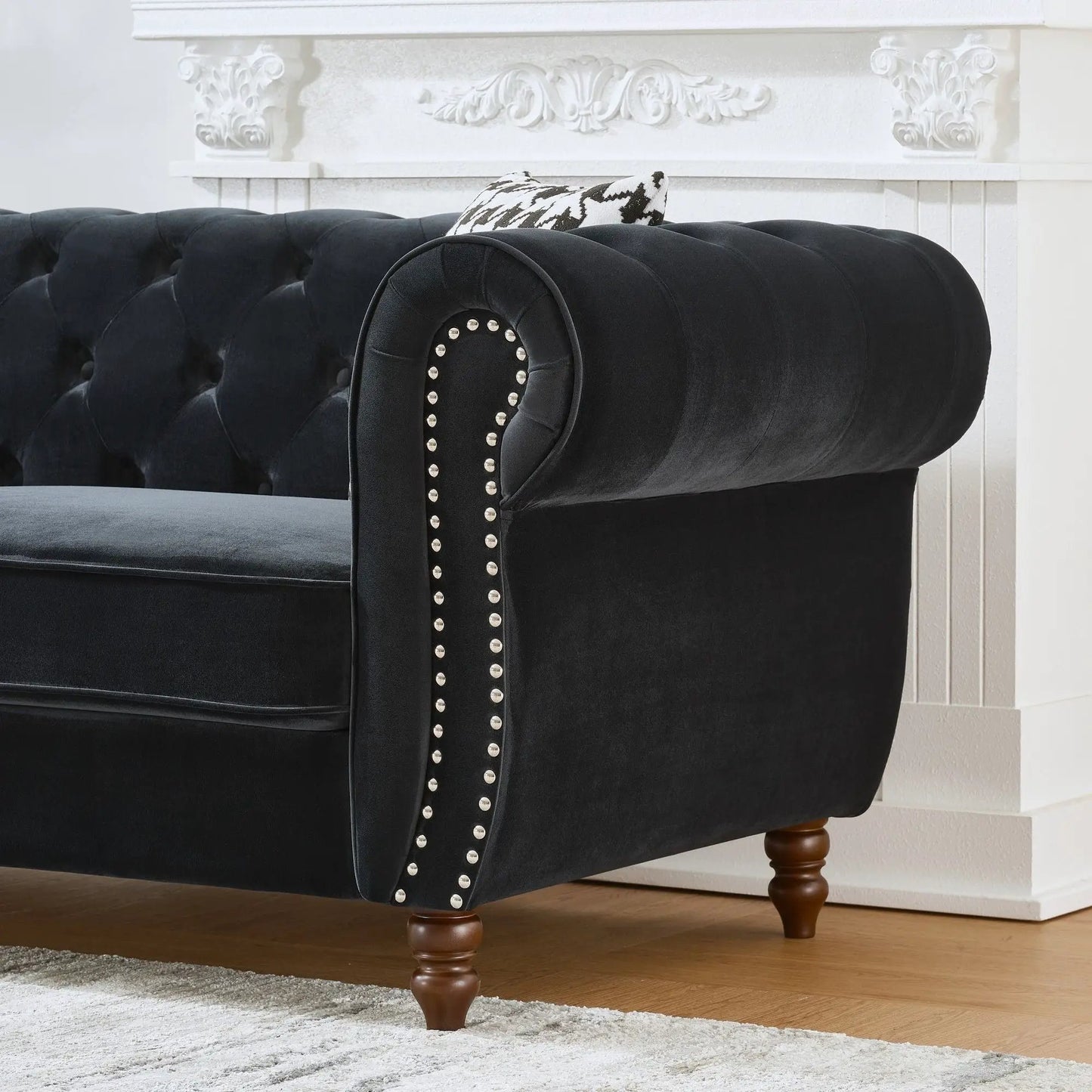 Chesterfield Upholstery Fabric Sofa with Roll Arms and Nailhead Trim in Black Velvet on Tampa Home & Garden Store