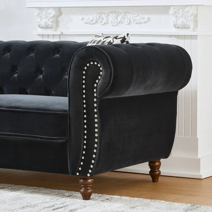 Chesterfield Upholstery Fabric Sofa with Roll Arms and Nailhead Trim in Black Velvet on Tampa Home & Garden Store