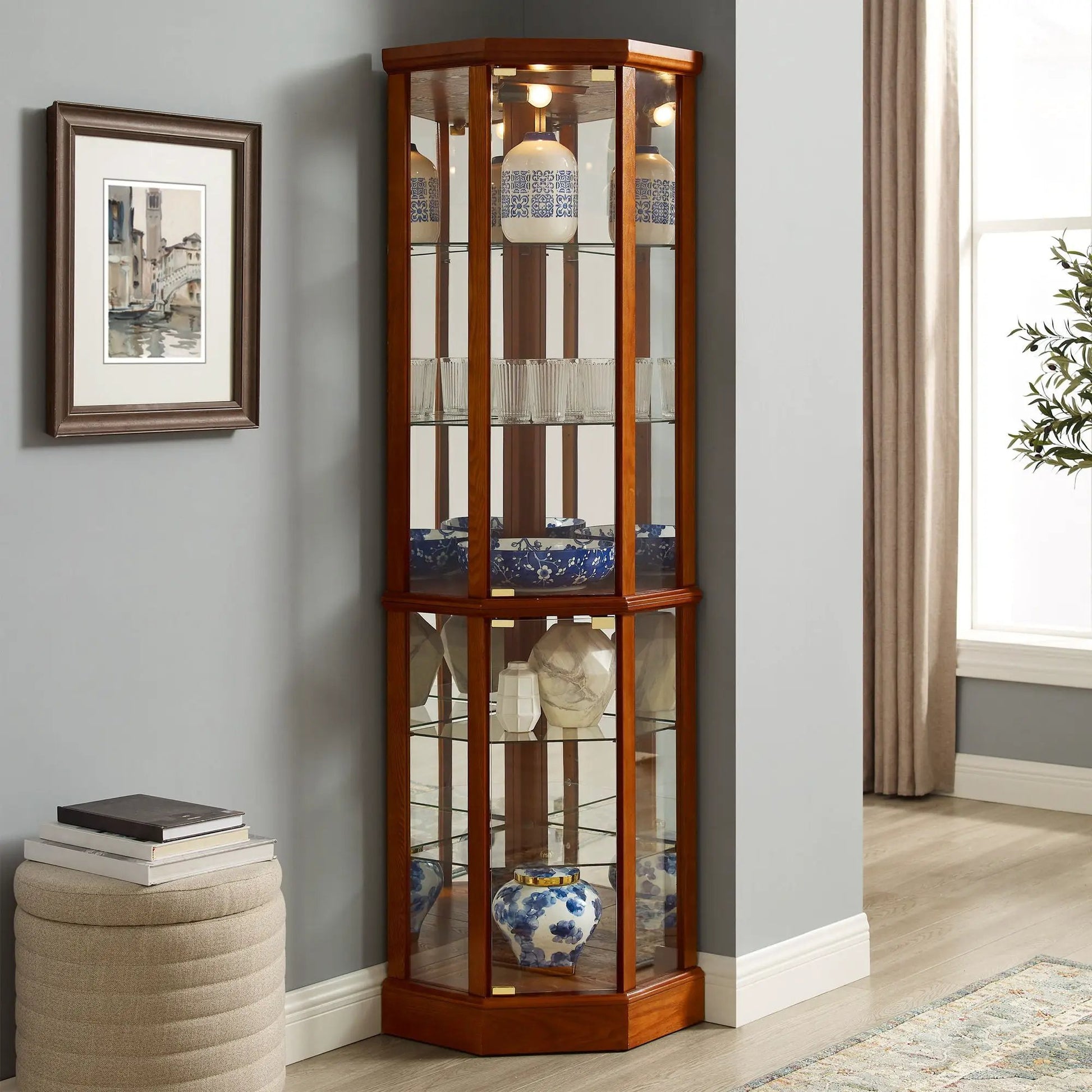 6 Shelf Lighted Corner Curio Cabinet with adjustable tempered glass shelves and mirror back on Tampa Home & Garden Store