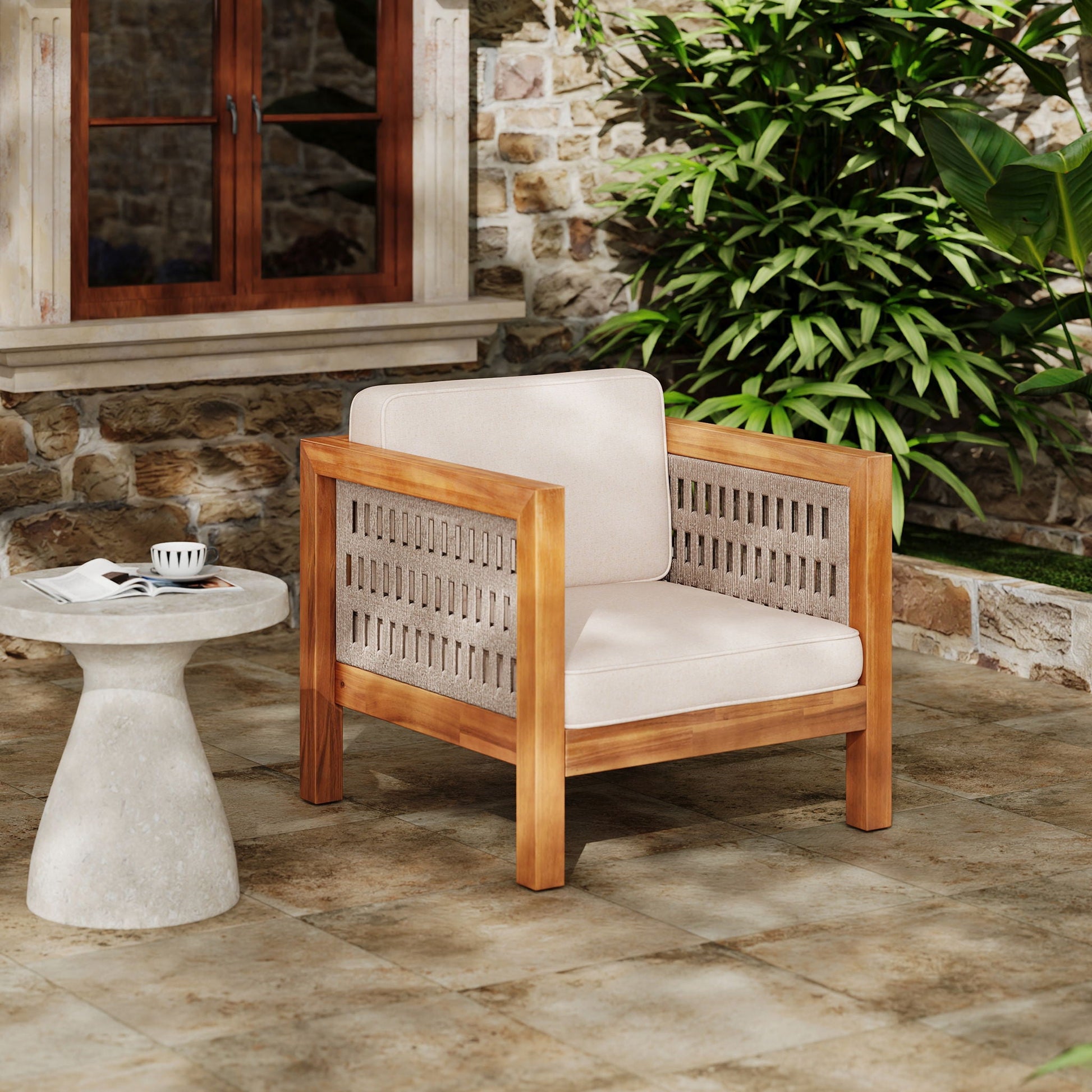 Pair of outdoor club chairs with rope-arm frames and beige cushions by HouseOfZazla on Tampa Home & Garden Store