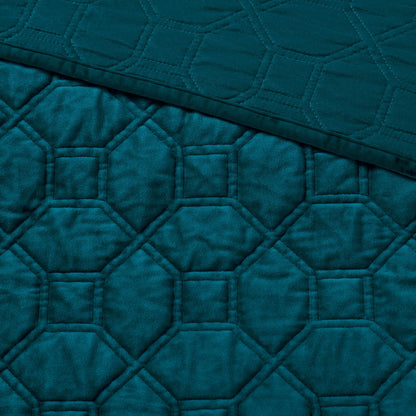 Teal velvet quilt set with geometric quilting close-up, 3-piece king/cal king on Tampa Home & Garden Store