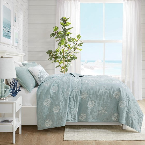 Quilt set aqua cotton reversible embroidered seashell motif HouseOfZazla King/Cal on Tampa Home & Garden Store