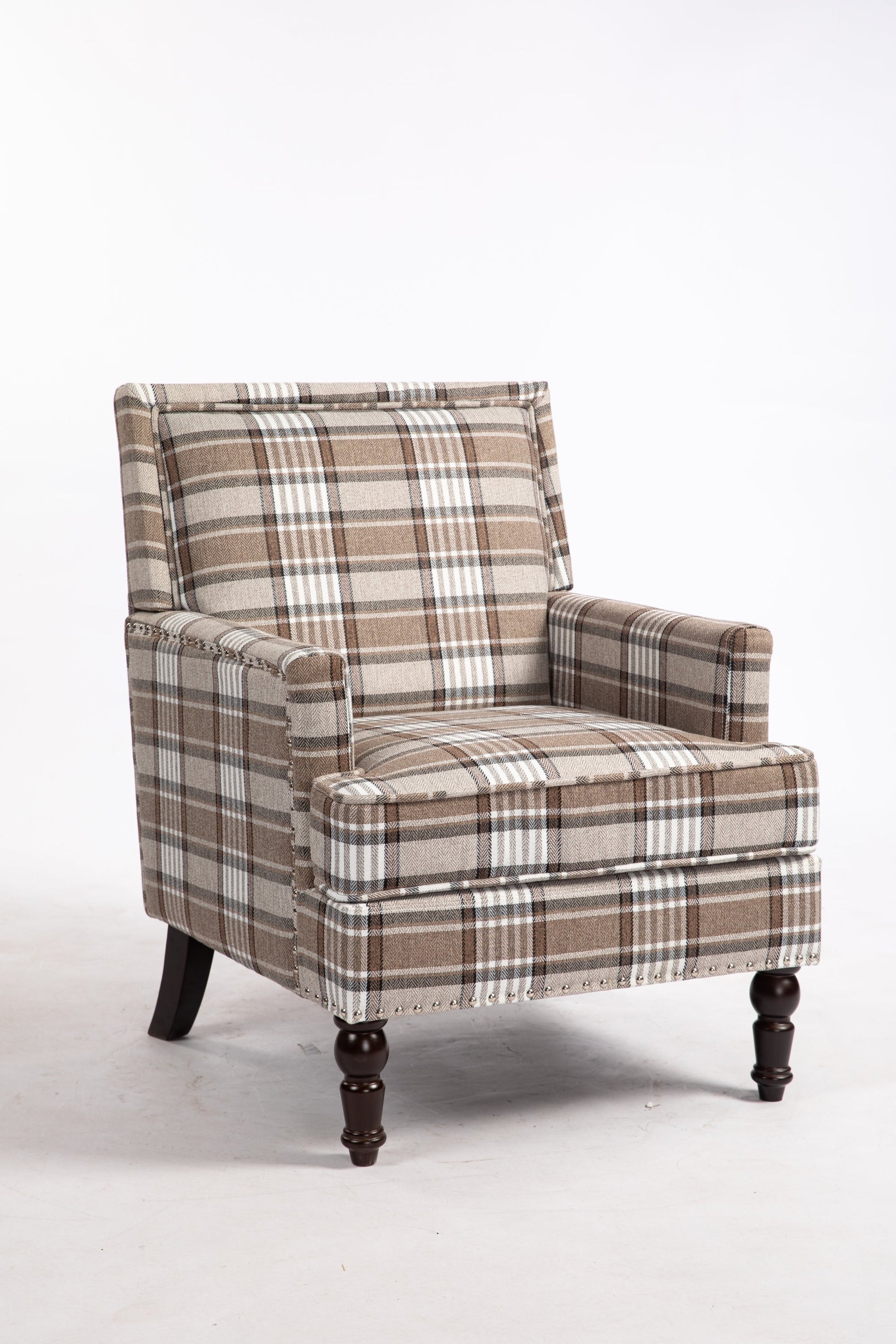 Upholstered accent chair in brown plaid linen with nailhead trim HouseOfZazla on Tampa Home & Garden Store
