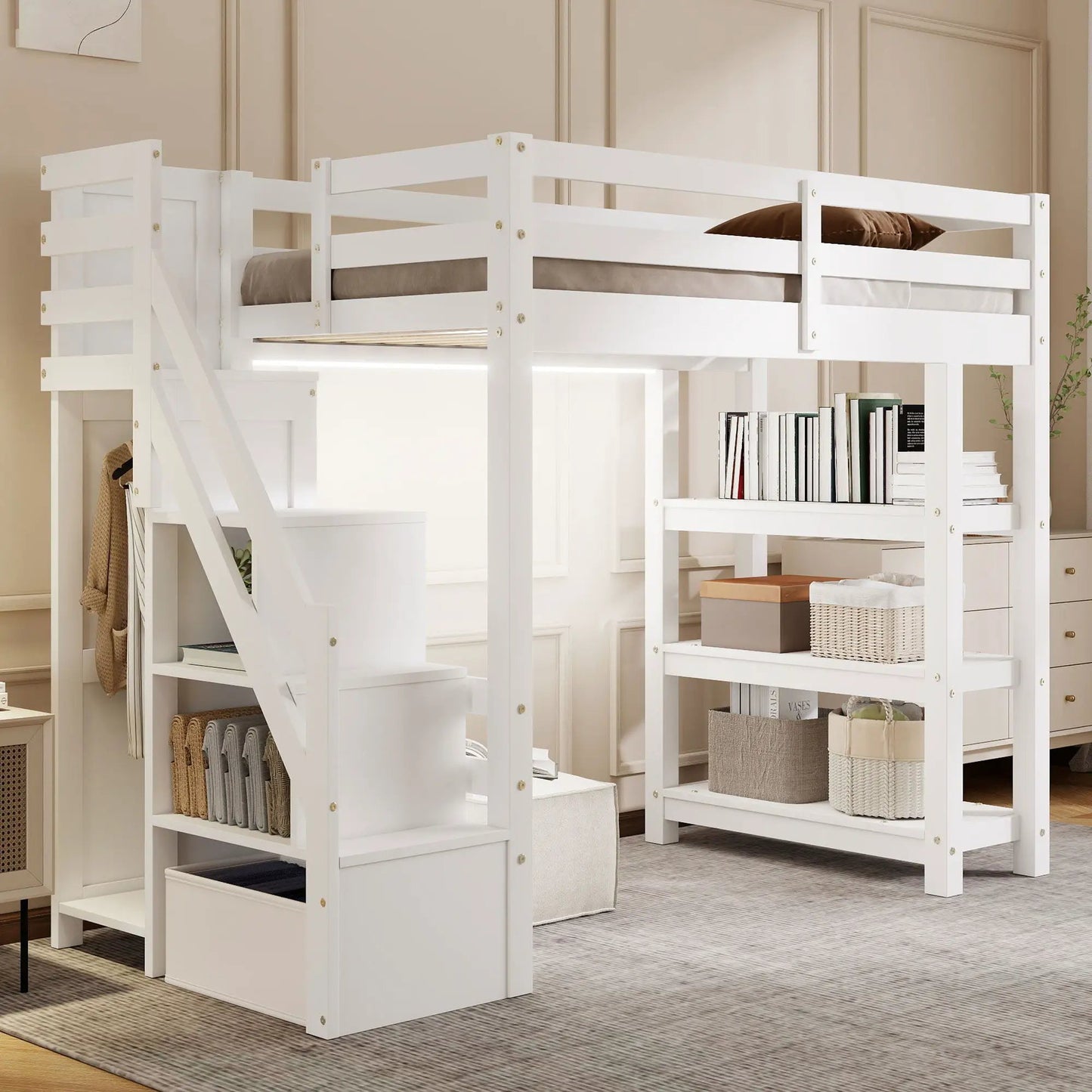 Loft Bed With Storage Staircase LED Light